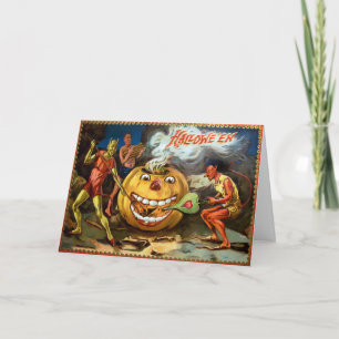 Vintage Pumpkin Djävulen Halloween-kort Helgkort