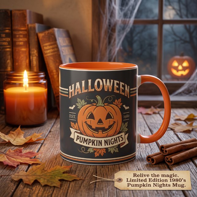 Vintage Pumpkin Nights Retro Halloween Mugg (Vintage Halloween two-tone mug with retro jack-o'-lantern art and a customizable name on the back.)