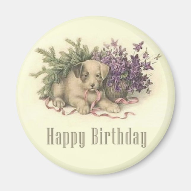 Vintage Puppy Birthday Magnet (Framsidan)