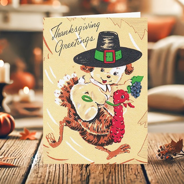 Vintage Puppy Hund Riding Turkey Thanksgiving Helgkort (Skapare uppladdad)