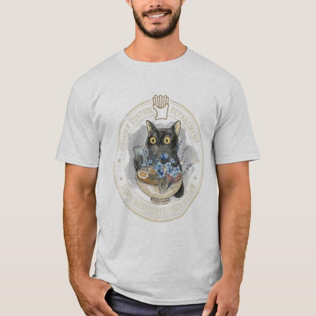 Vintage Quality Control Svart Katt Ramen T-Shirt (Framsida)