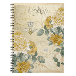 Vintage Queen Bee Guld Ro Blommigt Anteckningsbok