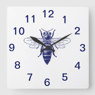 Vintage Queen Bee Teckning i Blue Fyrkantig Klocka