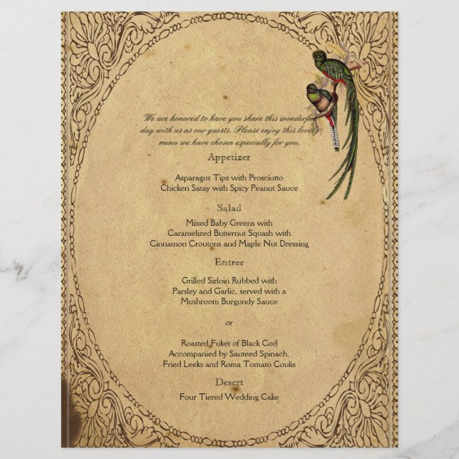 Vintage Quetzal Bird Elegant bröllop Menu (Framsida)