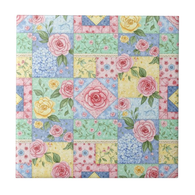 Vintage Quilt Rose Mönster Kakelplatta (Framsidan)
