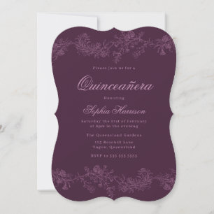 Vintage Quinceanera Damigrosa Plommon Blommig Fest Inbjudningar