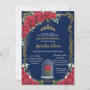 Vintage Quinceañera Enchanted Röd ros Navy Blue Inbjudningar