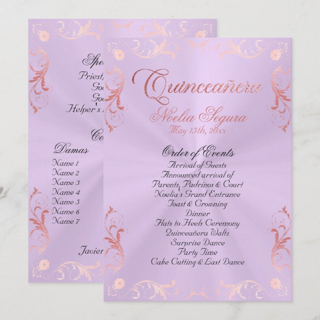 Vintage Quinceanera Program -Lavender/Rose Gold (Fram/baksida)