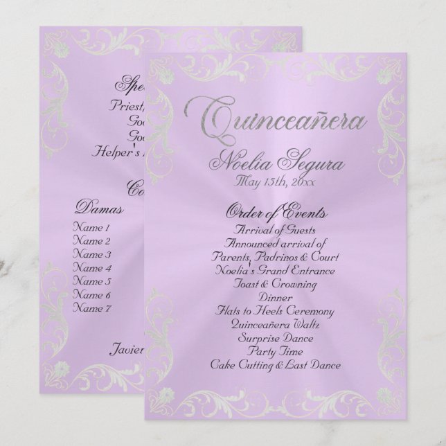 Vintage Quinceanera Program - Lavender/Silver (Fram/baksida)