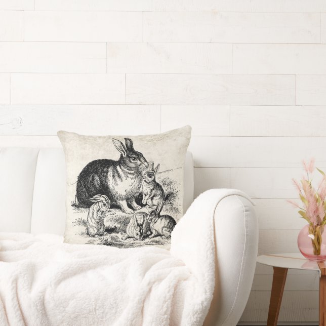 Vintage Rabbit Family Illustration, Baby Bunnies Kudde (Soffa)