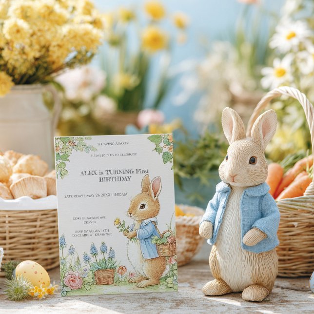 Vintage Rabbit Garden 1-årsdag Inbjudningar (Skapare uppladdad)