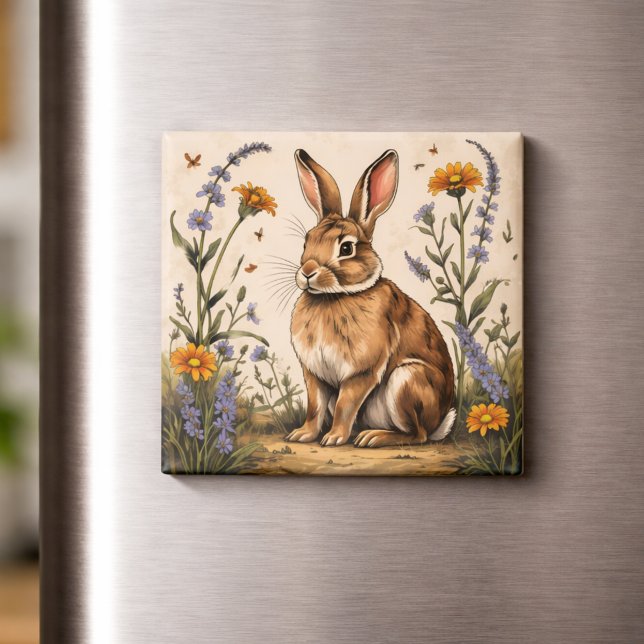 Vintage Rabbit with Wildflowers Magnet (Skapare uppladdad)