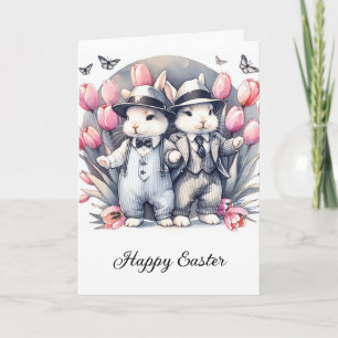 Vintage Rabbits Rosa Tulips Påsk Helgkort