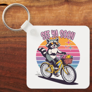 Vintage Raccoon Biking See Ya Soon Retro Sunset  Nyckelring