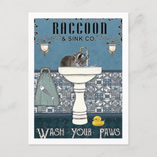 Vintage Raccoon Tvättar din Händer Sink Vykort