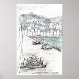 Vintage racerbils kuststadsbyggnad marina poster
