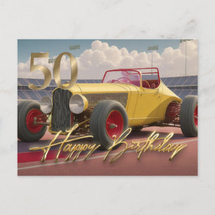 Vintage racingbil Glad 50-årsdag Vykort
