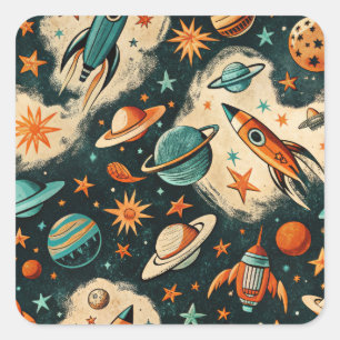 Vintage Racket Rocket Fraktas Mönster-Cosmos(6) Fyrkantigt Klistermärke