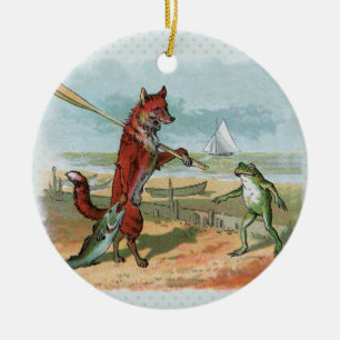Vintage Räf och Groda Strand Whimsical Illustratio Julgransprydnad Keramik