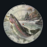 Vintage Rainbow Trout Fisherman Fisherman Fishing  Darttavla<br><div class="desc">Vintage som illustrerar sportens utformning med en fiskare som fiskar i en flod. En regnbåge slår och hoppar ut från vatten.</div>