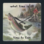 Vintage Rainbow Trout Fisherman Fisherman Fishing  Fyrkantig Klocka<br><div class="desc">Vintage som illustrerar sportens utformning med en fiskare som fiskar i en flod. En regnbåge slår och hoppar ut från vatten.</div>