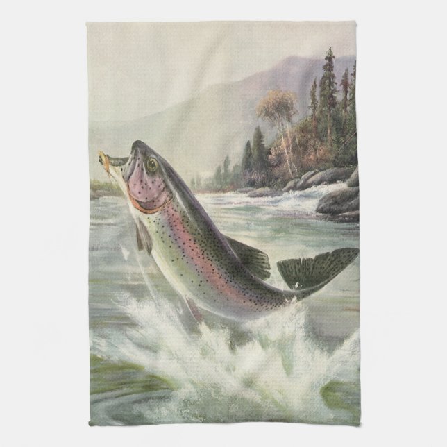 Vintage Rainbow Trout Fisherman Fisherman Fishing  Kökshandduk (Vertikal)