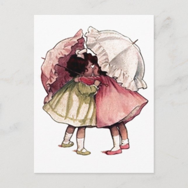 Vintage Rainy Day Girls Vykort (Framsida)