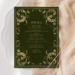 Vintage Ram Oliv grönt Guld Bröllop Meny<br><div class="desc">Den här elegant bröllop-menyn har en ornerad vintage guld ram på en faux texturerad oliv grönt bakgrund som en kopia av ett antika bok-hölje. Anpassa den dekorativa guld-färgaden med menyinformationen. Utformningen av ram upprepas på kortets baksida.</div>