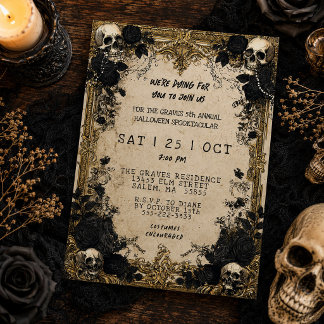 Vintage Ram Skallar Gotisk Blommig Halloweenfest Inbjudningar
