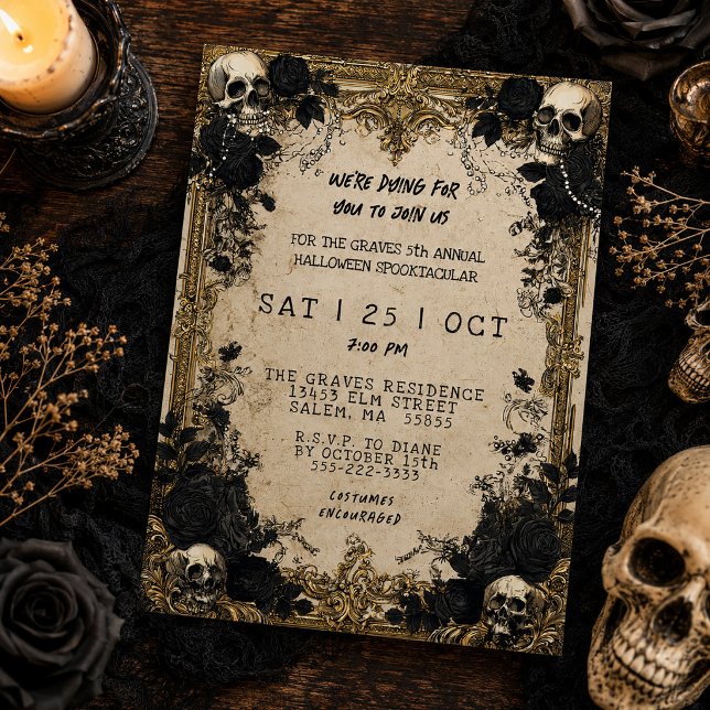 Vintage Ram Skallar Gotisk Blommig Halloweenfest Inbjudningar (Vintage Frame Skulls Gothic Floral Halloween Party Invitation)