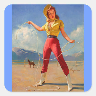 Vintage Ranch Western Pin-up-flicka Fyrkantigt Klistermärke