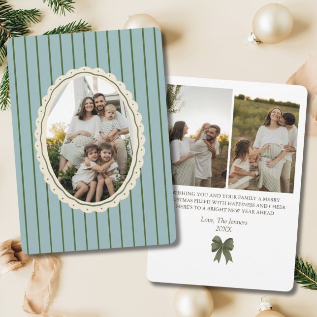 Vintage Rand Grönt Bow 3-fotofamilj Julkort (Green Bow Preppy Christmas Card)