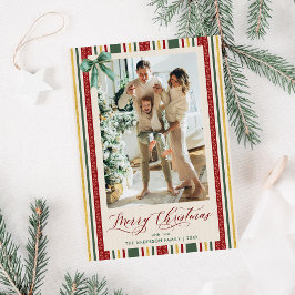 Vintage Rand Red Grönt Bow God jul Photo Julkort