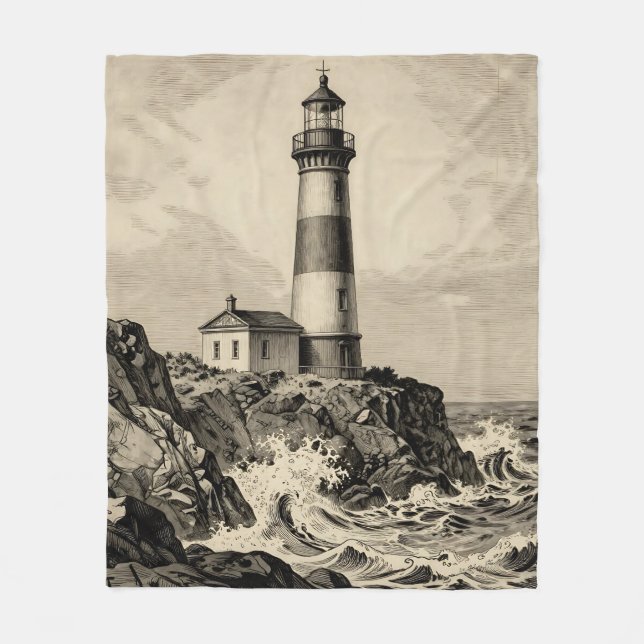 Vintage randig fyr stormig kust  fleecefilt (Framsidan)