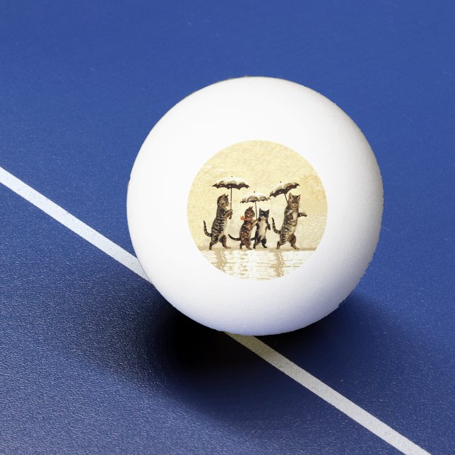 Vintage Randiga Katter Paraplyer Dansar Snö Pingisboll (Four brown cats with umbrellas walking upright in snow on yellow ping pong ball.)