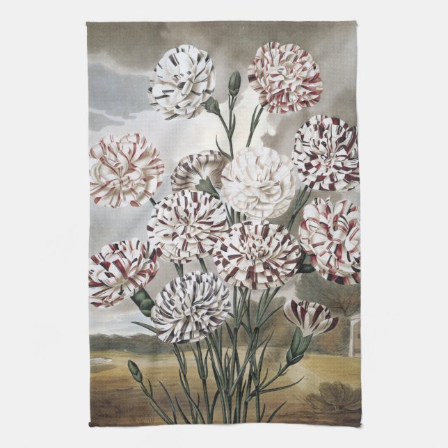 Vintage randiga nejlikor med grå himmel kökshandduk (Vertikal)