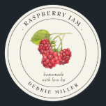 Vintage Raspberry sylt canning Label Runt Klistermärke<br><div class="desc">Elegant,  enkel och klassisk märkning av hallon med personlig sylt burk med vattenfärg vintage hallon på benvit bakgrund.</div>