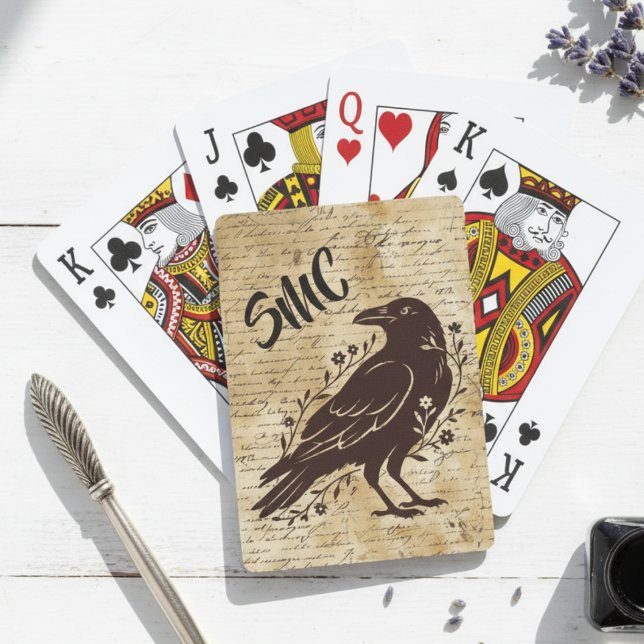 Vintage Raven Script Aesthetic Housewarming Casinokort (Monogram vintage raven poker cards)