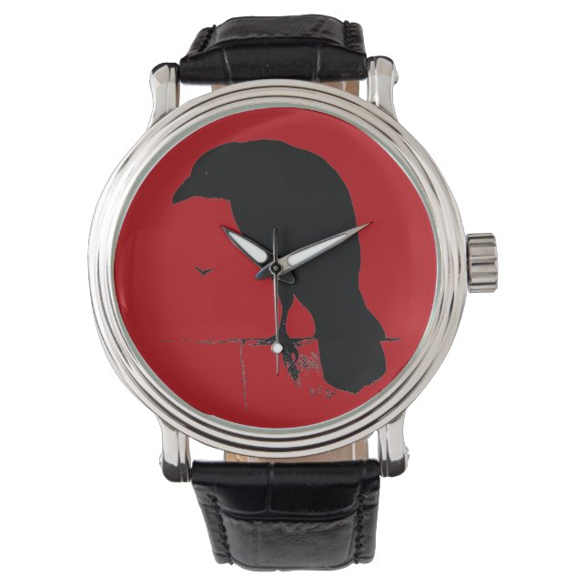 Vintage Raven Silhouette Black Red Ravens Kråkor Armbandsur (Framsida)