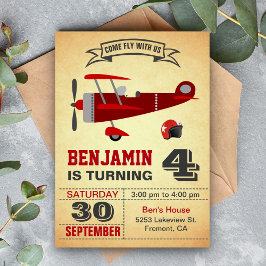 Vintage Red Airplane Födelsedagsfest inbjudan