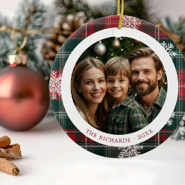 Vintage Red and Grönt Snöflingor 2 Foton Julgransprydnad Keramik