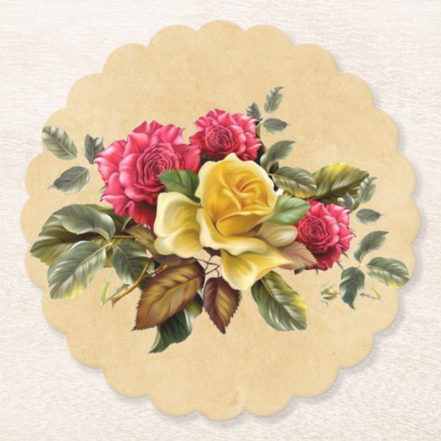 Vintage Red and Gul ros Blommigt Underlägg Papper (Framsida)