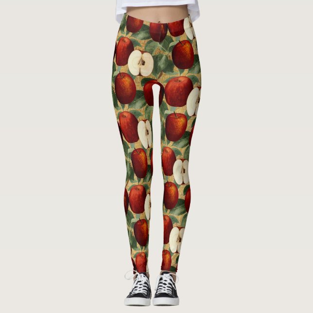 Vintage Red Apple Botanical Guld Alphabet Leggings (Framsida)