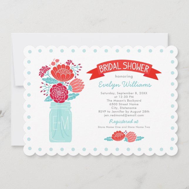 Vintage Red Aqua Blommigt Mason Burk Möhippa Inbjudningar (Framsida)