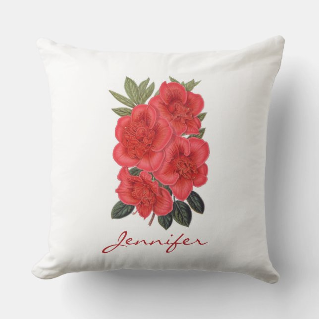 Vintage Red Azalea Indica Blommigt Pillow Kudde (Framsida)