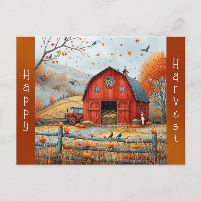 Vintage Red Barn Autumn Illustration Helg Vykort (Framsida)