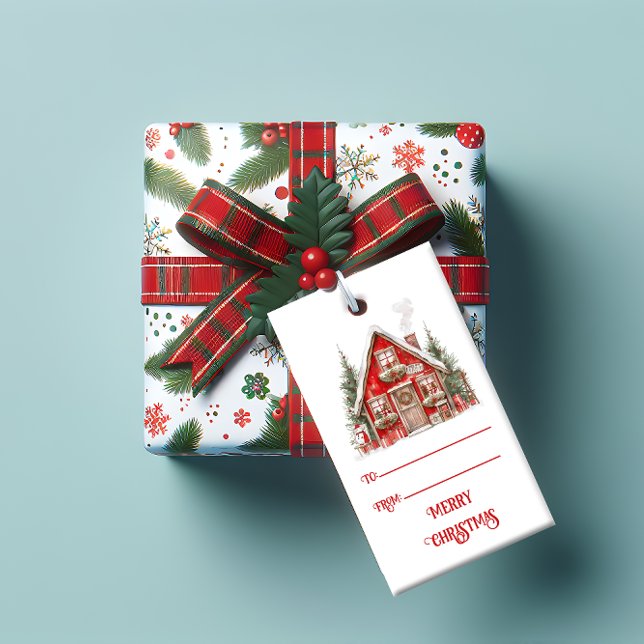 Vintage Red Barn House Christmas |  Presentetikett (Skapare uppladdad)