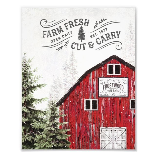 Vintage Red Barn Julgran Farm Wall Art Fototryck (Framsidan)