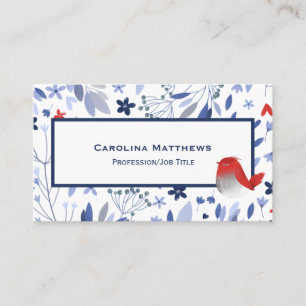 Vintage Red Bird Blue Blommigt Watercolor Visitkort