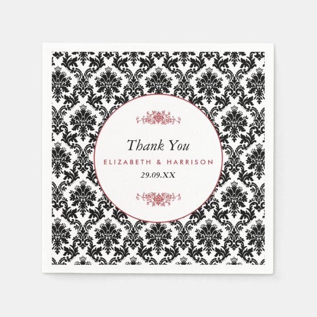 Vintage Red, Black & White Damask bröllop Pappersservett (Framsidan)